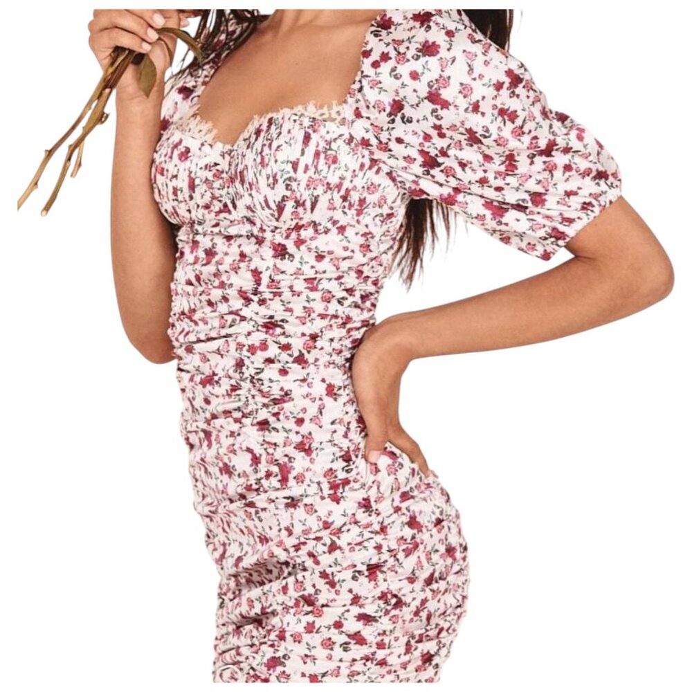 For Love & Lemons White Floral Ruched Mini Dress Sweetheart S - Picture 8 of 12